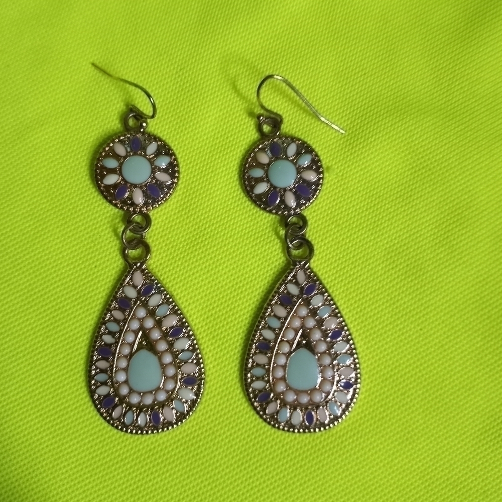 Multi color dangle wire teardrop enamel goldtone earrings
